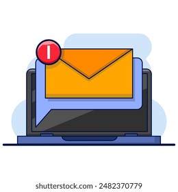 Cartoon notification message concept on laptop. Announcement. Ring the bell as a pop up reminder. Get chat message notifications on your smartphone or laptop. flat cartoon vector illustration design.