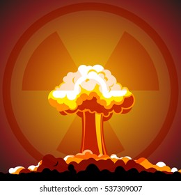 Cartoon Nuclear explosion with radiation sign, vector illustration