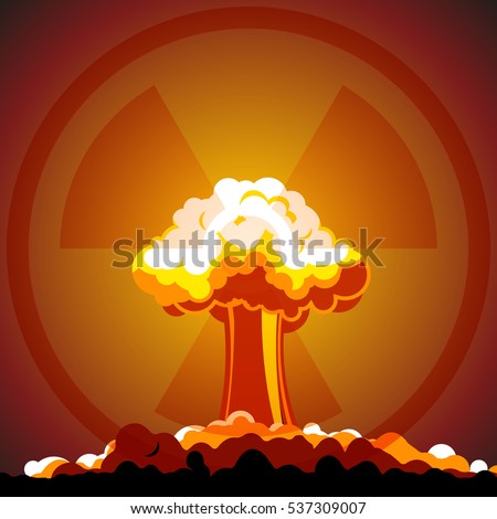 Cartoon Nuclear explosion with radiation sign, vector illustration