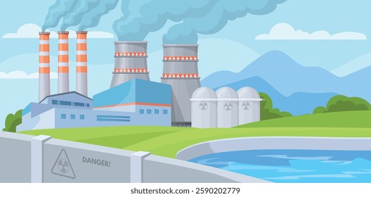 Cartoon nuclear power plant. Radioactive power electricity station with atomic reactors and chimney, industry factory complex thermal energy generation, neat vector illustration original artwork