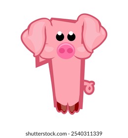 Cartoon number 1 like pink pig, figure One. Cartoon of number with a animal concept. Calligraphy, lettering, typography for your Education cards or game