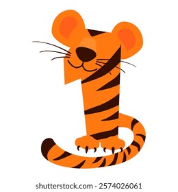 Cartoon number 1 like Tiger, figure One. Cartoon of number with a animal concept. Calligraphy, lettering, typography for your Education cards, greeting card or game