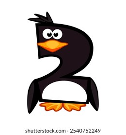 Cartoon number 2 like penguin, figure Two. Cartoon of number with a animal concept. Calligraphy, lettering, typography for your Education cards or game