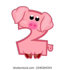 Cartoon number 2 like pink pig, figure Two. Cartoon of number with a animal concept. Calligraphy, lettering, typography for your Education cards or game