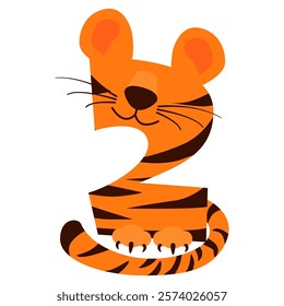 Cartoon number 2 like Tiger, figure Two. Cartoon of number with a animal concept. Calligraphy, lettering, typography for your Education cards, greeting card or game