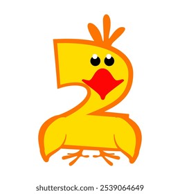 Cartoon number 2 like yellow chicken, figure Two. Calligraphy, lettering, typography for your Education cards or game. Cute sticker