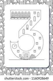 Cartoon number 3 drawn in the shape of house. Isolated on white. Vertical portrait page for coloring book. Vector illustration. Cute background with pencils.  Building font. Architectural latin type. 