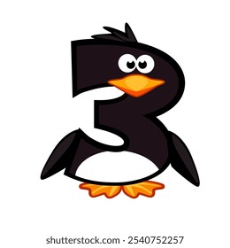 Cartoon number 3 like penguin, figure Three. Cartoon of number with a animal concept. Calligraphy, lettering, typography for your Education cards or game