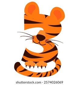 Cartoon number 3 like Tiger, figure Three. Cartoon of number with a animal concept. Calligraphy, lettering, typography for your Education cards, greeting card or game