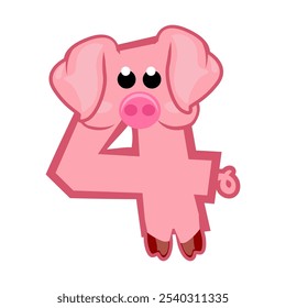 Cartoon number 4 like pink pig, figure Four. Cartoon of number with a animal concept. Calligraphy, lettering, typography for your Education cards or game