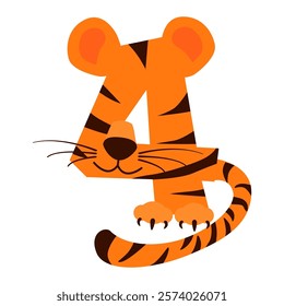 Cartoon number 4 like Tiger, figure Four. Cartoon of number with a animal concept. Calligraphy, lettering, typography for your Education cards, greeting card or game