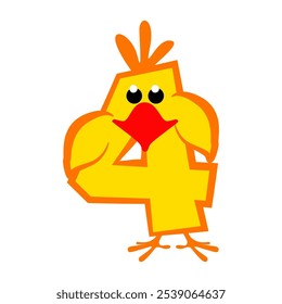 Caricatura número 4 como pollo amarillo, figura cuatro. Caligrafía, letras, tipografía para sus tarjetas de Educación o juego. Linda pegatina