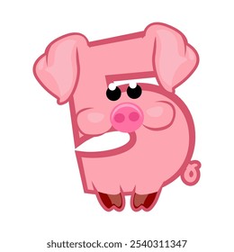 Cartoon number 5 like pink pig, figure Five. Cartoon of number with a animal concept. Calligraphy, lettering, typography for your Education cards or game