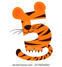 Cartoon number 5 like Tiger, figure Five. Cartoon of number with a animal concept. Calligraphy, lettering, typography for your Education cards, greeting card or game