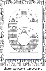 Cartoon number 6 drawn in the shape of house. Isolated on white. Vertical portrait page for coloring book. Vector illustration. Cute background with pencils. English font. Architectural alphabet