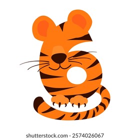 Cartoon number 6 like Tiger, figure Six. Cartoon of number with a animal concept. Calligraphy, lettering, typography for your Education cards, greeting card or game