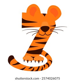 Cartoon number 7 like Tiger, figure Seven. Cartoon of number with a animal concept. Calligraphy, lettering, typography for your Education cards, greeting card or game