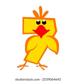 Cartoon number 7 like yellow chicken, figure Seven. Calligraphy, lettering, typography for your Education cards or game. Cute sticker