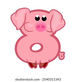 Caricatura número 8 como cerdo rosa, figura ocho. Caricatura de número con un concepto animal. Caligrafía, letras, tipografía para sus tarjetas de Educación o juego