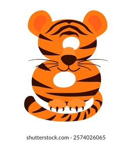 Cartoon number 8 like Tiger, figure Eight. Cartoon of number with a animal concept. Calligraphy, lettering, typography for your Education cards, greeting card or game