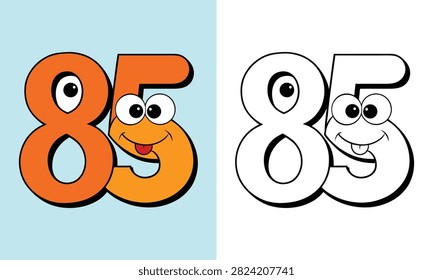 Cartoon Number 85 Learning Activity Coloring Page Vector Illustration on White Background