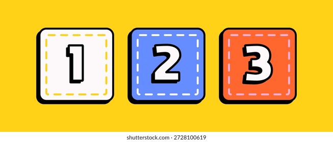 Bloques de números de dibujos animados con uno dos tres en colores brillantes. Ideal para la educación de los niños, juegos de conteo, números de aprendizaje, diseño preescolar y Ilustraciones vectoriales lúdicas