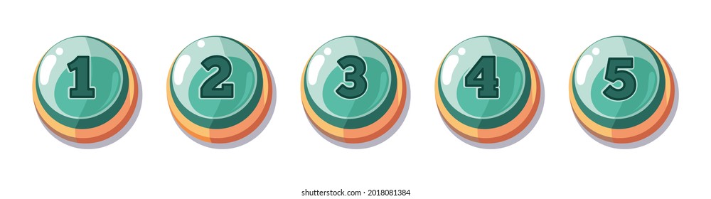 Cartoon number buttons. Glossy gaming button, numbering from one to five. Isolated game vector elements for user interface or levels