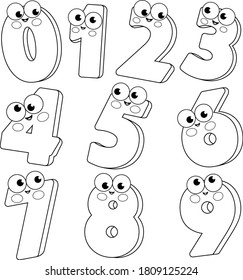 Cartoon number characters. Vector black and white coloring page.