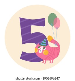 Cartoon number five with cute cat with balloon. Birthday card template for kids. Vector illustration