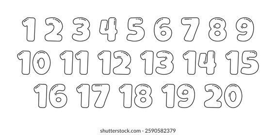 Cartoon number from one to twenty linear icon, cute kid math font outline design, school funny 1 to 20 letter, black alphabet, children education figure set. Learn simple vector illustration