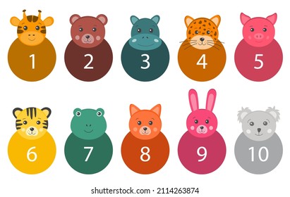 Cartoon number set for kids. Educational numbers from one to ten with funny animas. Cut out numbers on circles. Mathematics cards for children for playing, learning to count. Badges for counting.