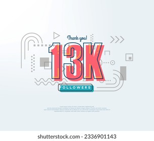 Cartoon number thank you 13k followers, soft red color.