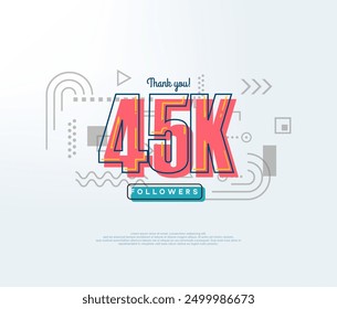 Cartoon number thank you 45k followers, soft red color.