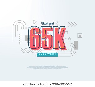 Cartoon number thank you 65k followers, soft red color.