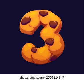 Caricatura número tres como una galleta con chispas de chocolate. Alfabeto de dulces y confitería, tipo de letra de los dulces, tipo de letra, tipo. Vector aislado numeral 3 tipografía matemática símbolo para la educación de los niños