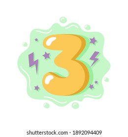 Cartoon number three for kids, birthday card template. Vector illustration