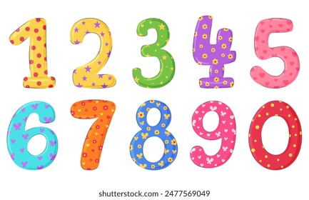 Cartoon numbers from 0 to 9. Kids birthday postcard, invitation elements isolated on white.