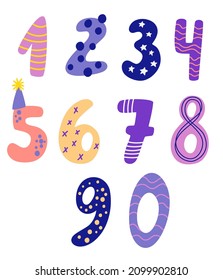 Cartoon numbers. Decor for birthday party and packaging. Numbers with stripes, stars, dots. Funny mathematical symbols. Vector illustration on flat cartoon style.