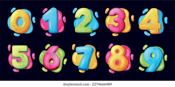 Cartoon numbers font. Fun childhood numeral symbols for baby birthday. Holiday decoration elements. Funny math signs. Arithmetic childish icons set. Vector graphic recent illustration