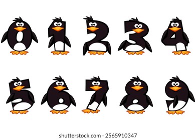 Cartoon numbers like Penguins from 0 to 9. Cute Penguin numbers illustration for birthday party. Calligraphy, lettering, typography for your Education cards, greeting cards or game