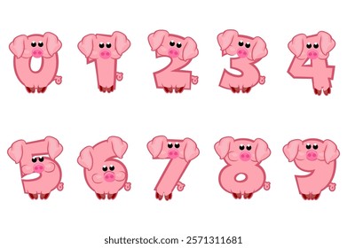 Cartoon numbers like Pigs from 0 to 9. Cute Pig numbers illustration for birthday party. Calligraphy, lettering, typography for your Education cards, greeting cards or game