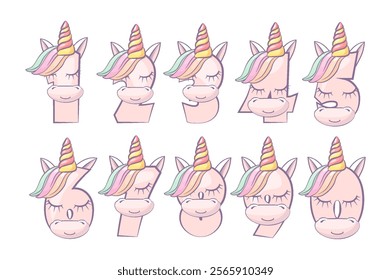 Cartoon numbers like unicorns from 0 to 9. Cute Unicorn numbers illustration for birthday party. Calligraphy, lettering, typography for your Education cards, greeting cards or game