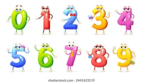 Cartoon numbers mascot. Funny number characters eyes smile faces, school kids math happy cute numeral zero one two three four five six seven eight nine vector illustration of comic mascot mathematics