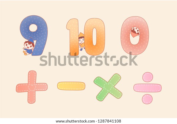 Cartoon
numbers and math symbol for kids with little
elf