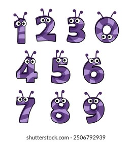 Cartoon numbers purple space aliens with eyes