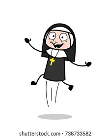 Cartoon Nun Jumping in Excitement Vector