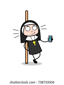 Cartoon Nun Showing a Music Device Vector