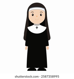 a cartoon nun in traditional clothing. Profession.Suitable for children's books, sticker,t shirt design, mascot, logo. Isolated on white background. Front view. Vector illustration. 