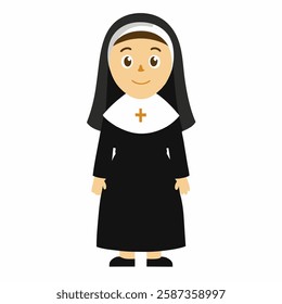 a cartoon nun in traditional clothing. Profession.Suitable for children's books, sticker,t shirt design, mascot, logo. Isolated on white background. Front view. Vector illustration. 