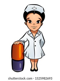 Cartoon nurse doctor in uniform holding a big pil in hand. Vector illustration isolated on white	
